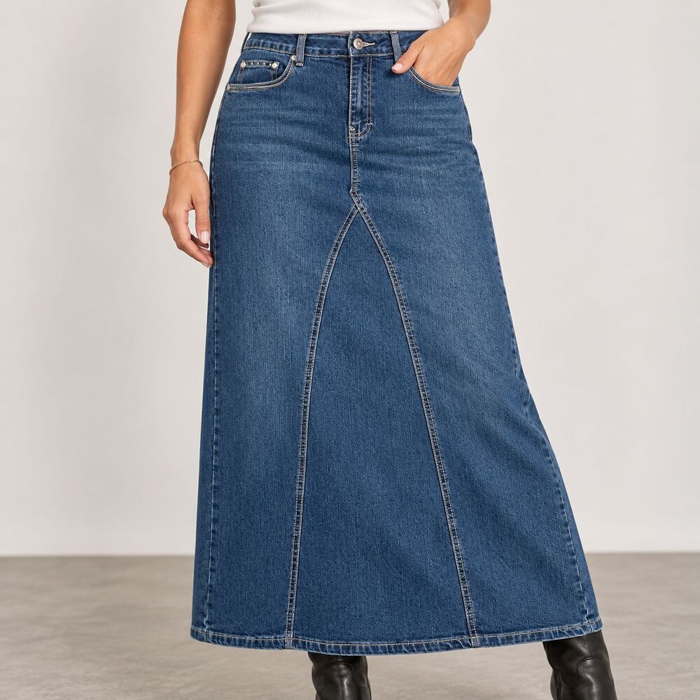 Cato Denim Maxi Skirt Size 10 Rhinestone Embroidered Y2K Western Long Jean Skirt